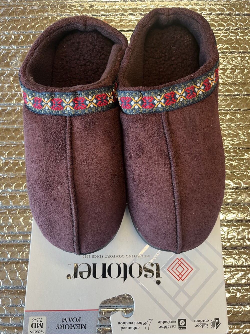 isotoner Women's Chocolate Brown Slip-On Mule Slippers with Embroidered Trim